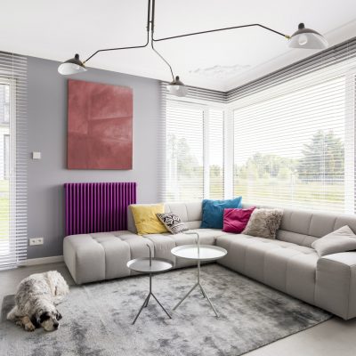 Window blinds, couch and artwork