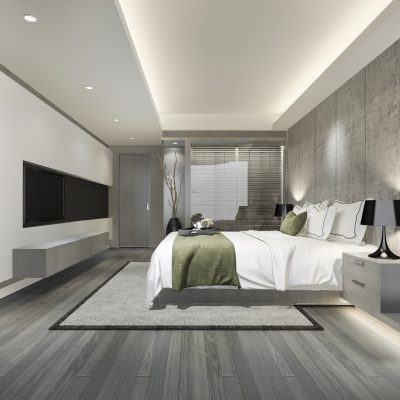 3d rendering luxury suite hotel bedroom near glass bathroom with blind